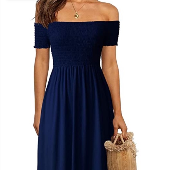 Smocked Navy Shoulder Tie Midi Dress
